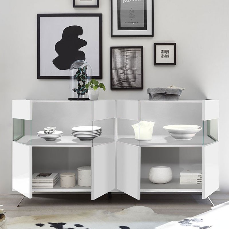 (3c) Madia 4 ante bianco lucido con inserto in vetro 184x50xh.101 cm(KORTEN4BI)
