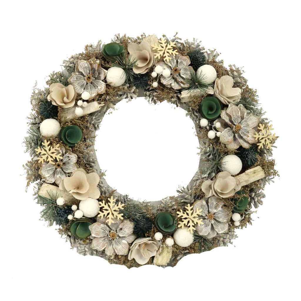 Coroncina con pigne e fiori bianco verde cm ø45h8,5