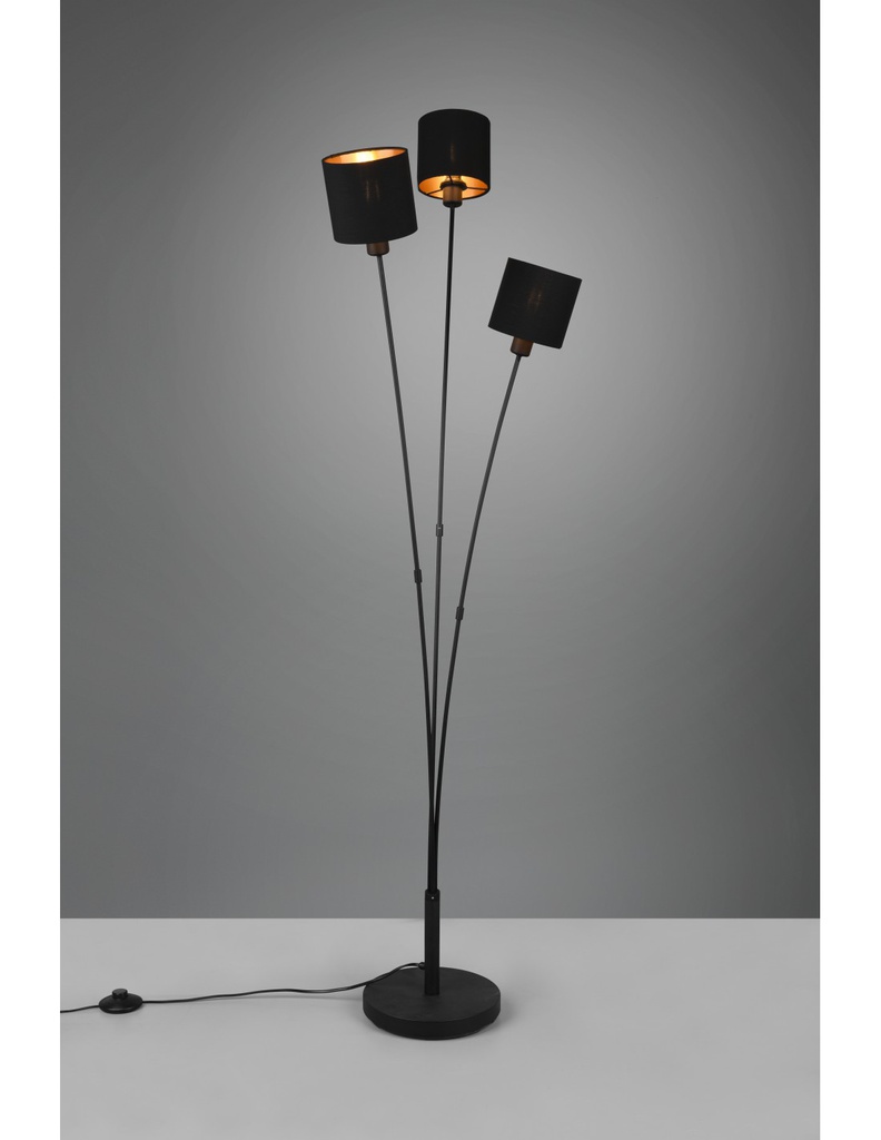 Piantana Tommy 3 Paralumi Tessuto Nero E Oro Trio Lighting