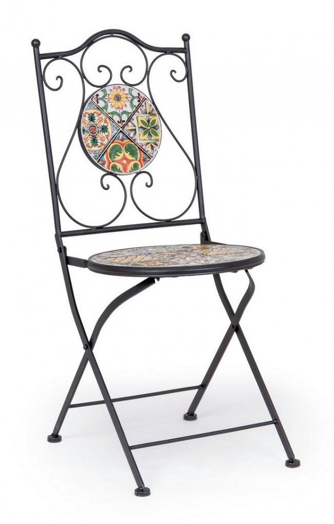 Sedia pieghevole in acciaio NAXOS con seduta e schienale decorate in ceramica 92h cm