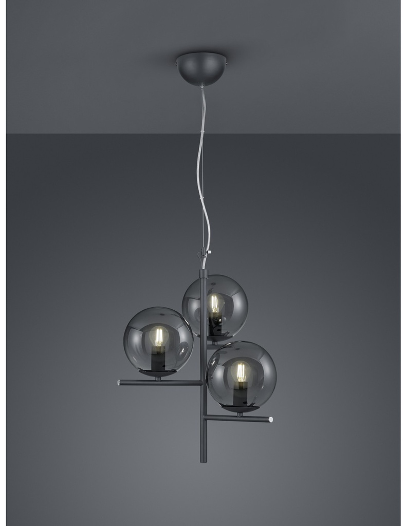 Sospensione 3Luci Sfere Vetro Fumé Antracite Ø40 cm Pure Trio Lighting