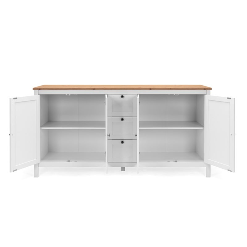 (2c) Mobile credenza 4 ante 3 cassetti bianco con top rovere 180x40xh.90 cm (BERGEN51BI)