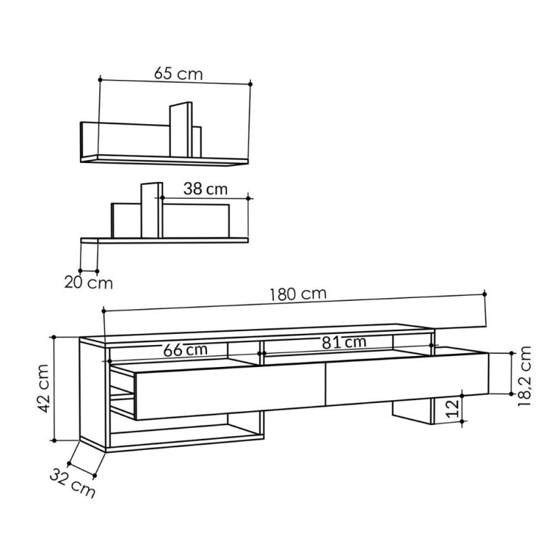 (2c) Porta tv con mensole a parete tortora 180x32x42h cm(GARATORTORA)