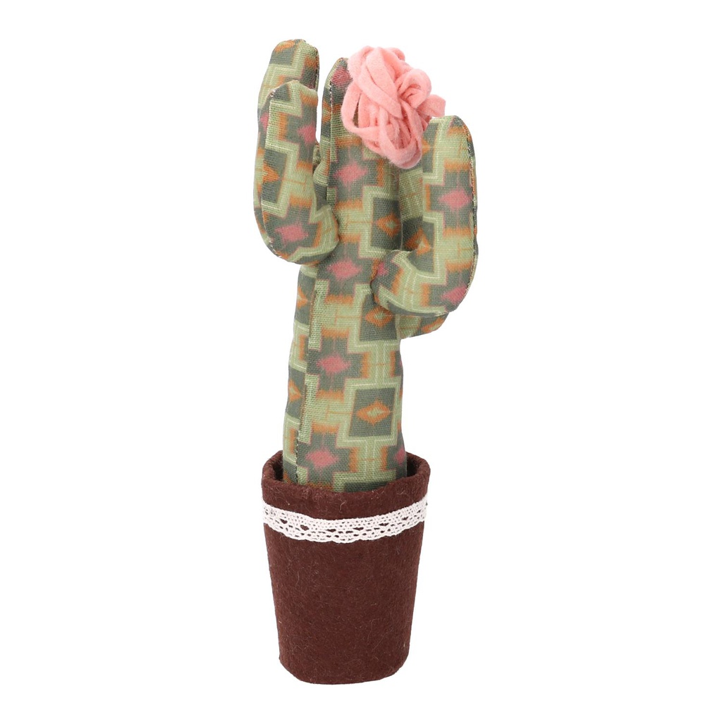Cactus tessuto con fiore verde rosa tondo cmø11h27