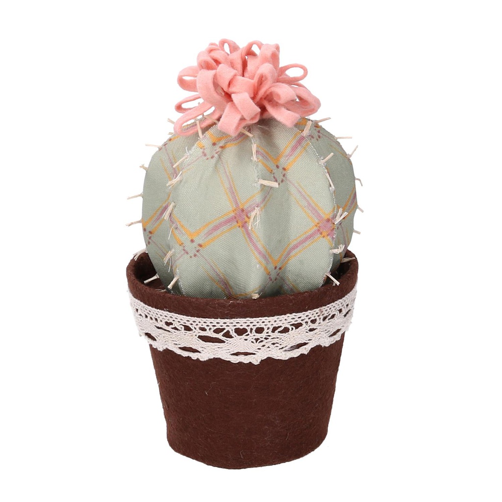 Cactus tessuto con fiore verde rosa tondo cmø13h24