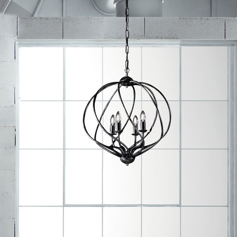 Lampadario deco sospensione ferro Nero decorazione Argento quattro luci 43x h50 cm