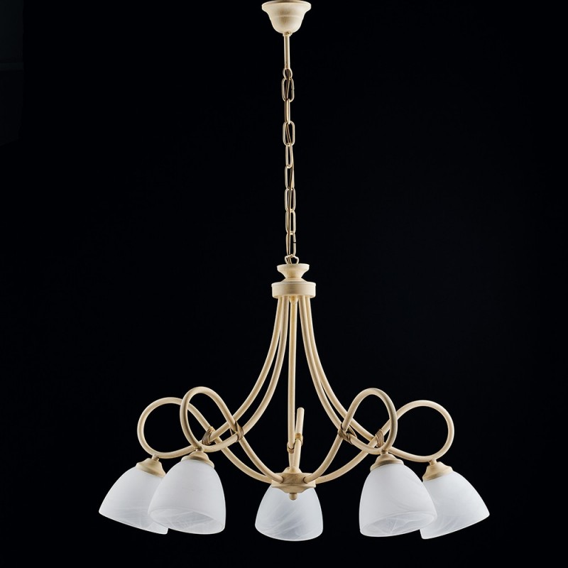 Lampadario ferro Avorio decape cinque luci paralumi vetro Alabastro bianchi 69x h52 cm