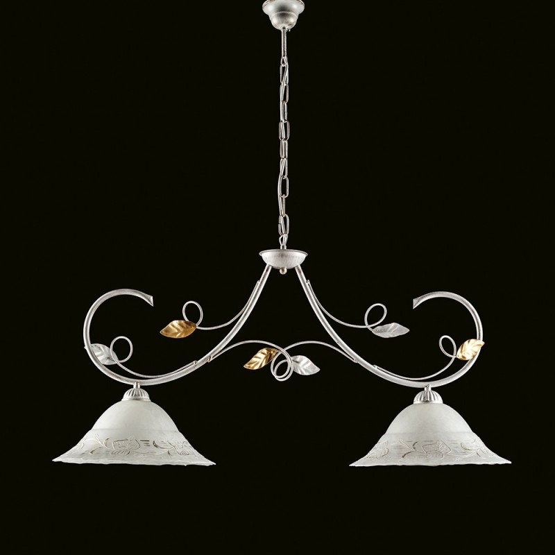 Lampadario ferro Bianco Oro due luci paralumi in vetro Bianco 94x h49 cm