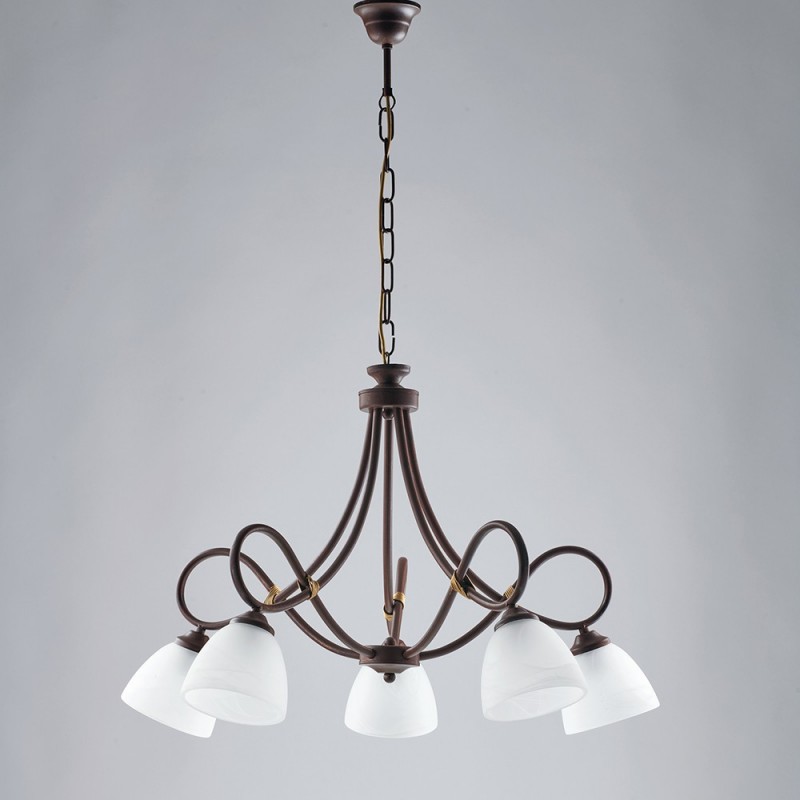Lampadario ferro Nero ruggine cinque luci paralumi vetro Alabastro bianchi 69x h52 cm