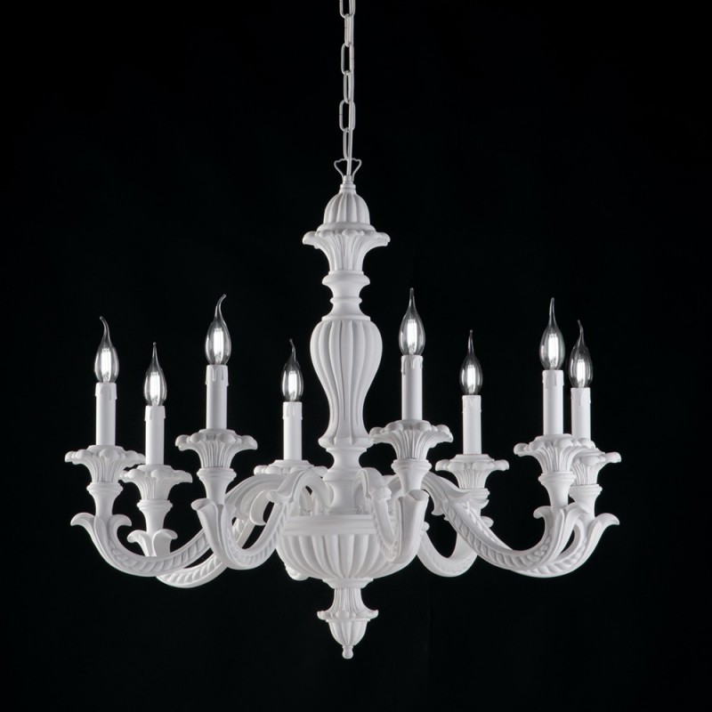 Lampadario impero in legno e pasta di legno bianco shabby 8 luci