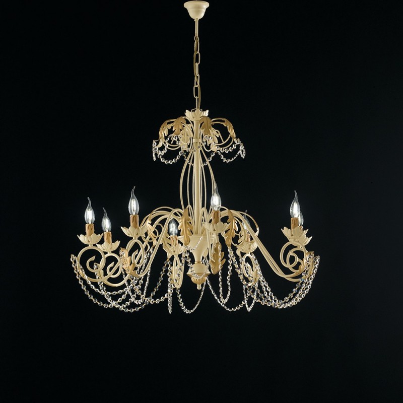 Lampadario in ferro Avorio Decape e Oro strass damasco otto luci 90x h70 cm