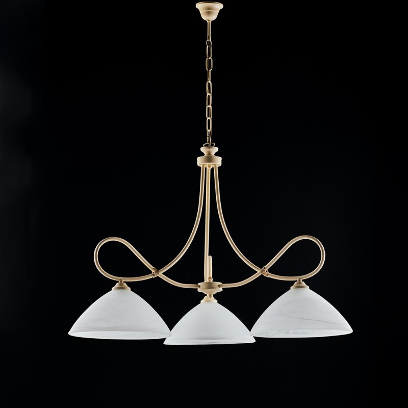 Lampadario in ferro Avorio decape tre luci paralumi in vetro Alabastro bianchi 78x h65 cm