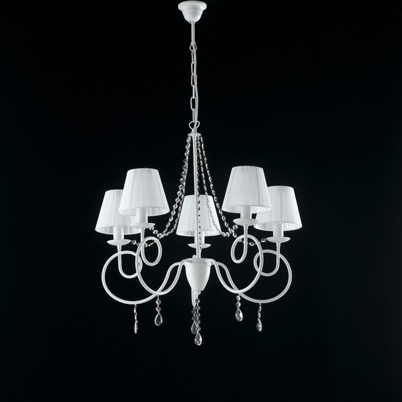 Lampadario in ferro Bianco cinque luci decorazione shabby paralumi Bianchi 68x h72 cm