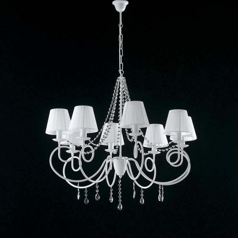 Lampadario in ferro Bianco otto luci decorazione shabby paralumi Bianchi 90x h75 cm