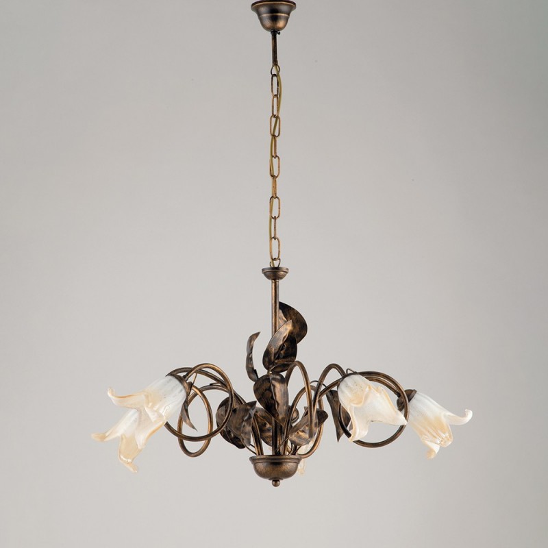 Lampadario in ferro Marrone Oro Vetri Bianchi Ambra cinque luci 73x h43 cm