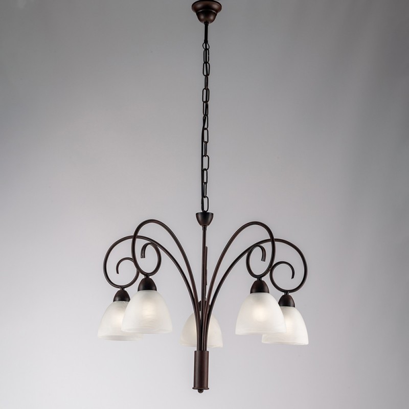 Lampadario in ferro Nero Ruggine paralumi in vetro Bianco cinque luci 57x h50 cm