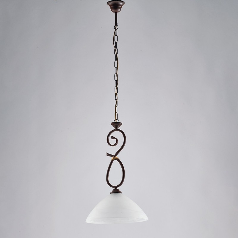 Lampadario in ferro Nero ruggine una luce paralume vetro Alabastro bianchi 30x h52 cm