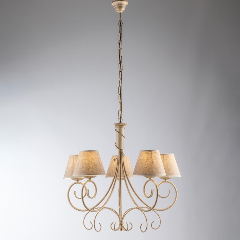 Lampadario vienna ferro Avorio Oro cinque luci paralumi tessuto 60x h58 cm