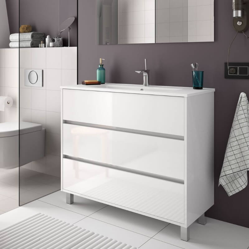 Mobile bagno Elmas100 con lavabo bianco laccato lucido 3 cassetti 100x45x86h