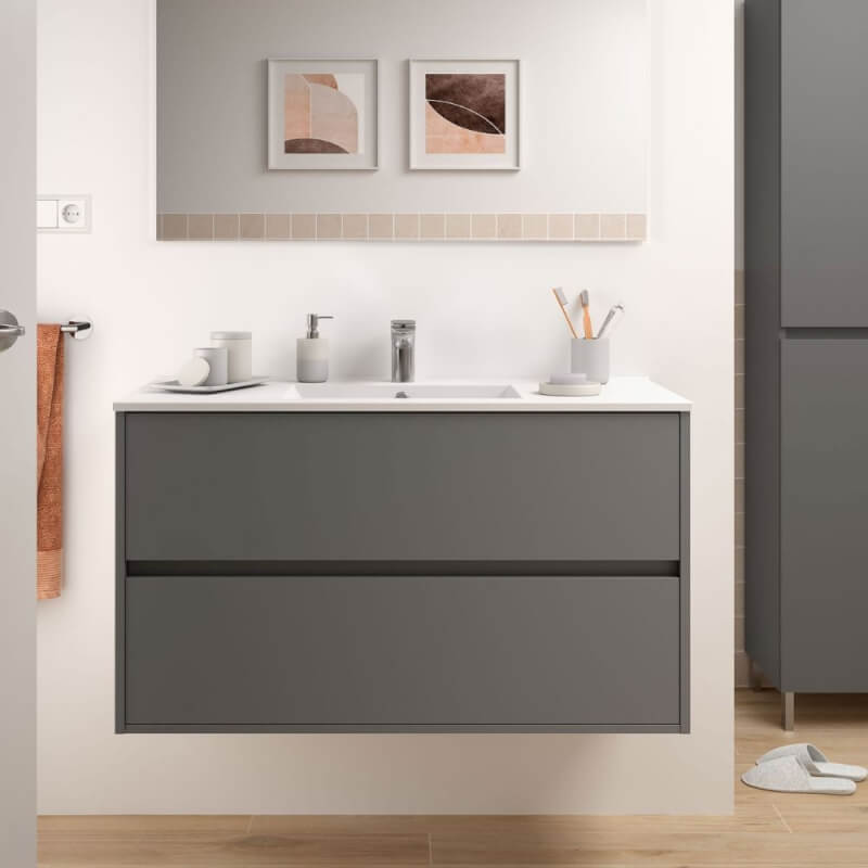 (2c) Mobile bagno sospeso Claros100 grigio opaco con lavabo 2 cassetti 100x45x56h