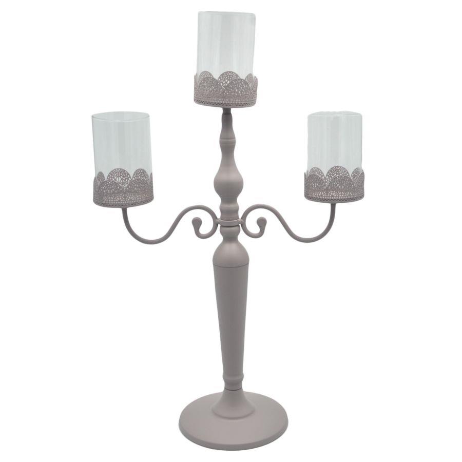 Portacandele candelabro metallo tortora3 posti con vetro cm 38x17h62