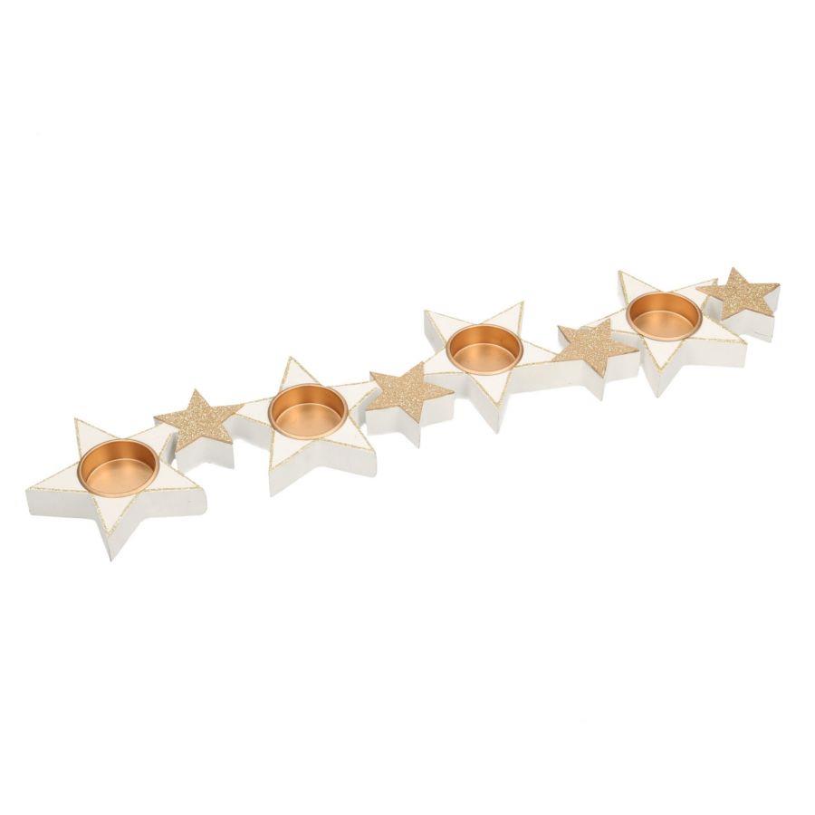 Portacandele legno bianco oro stelle 4pcm48,5x11,5h2,3