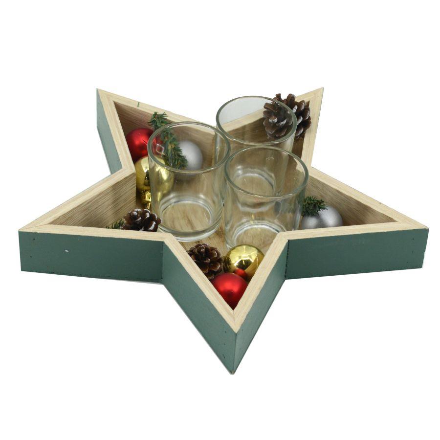 Portacandele legno naturale verde stella 3p cm28x25h4/8