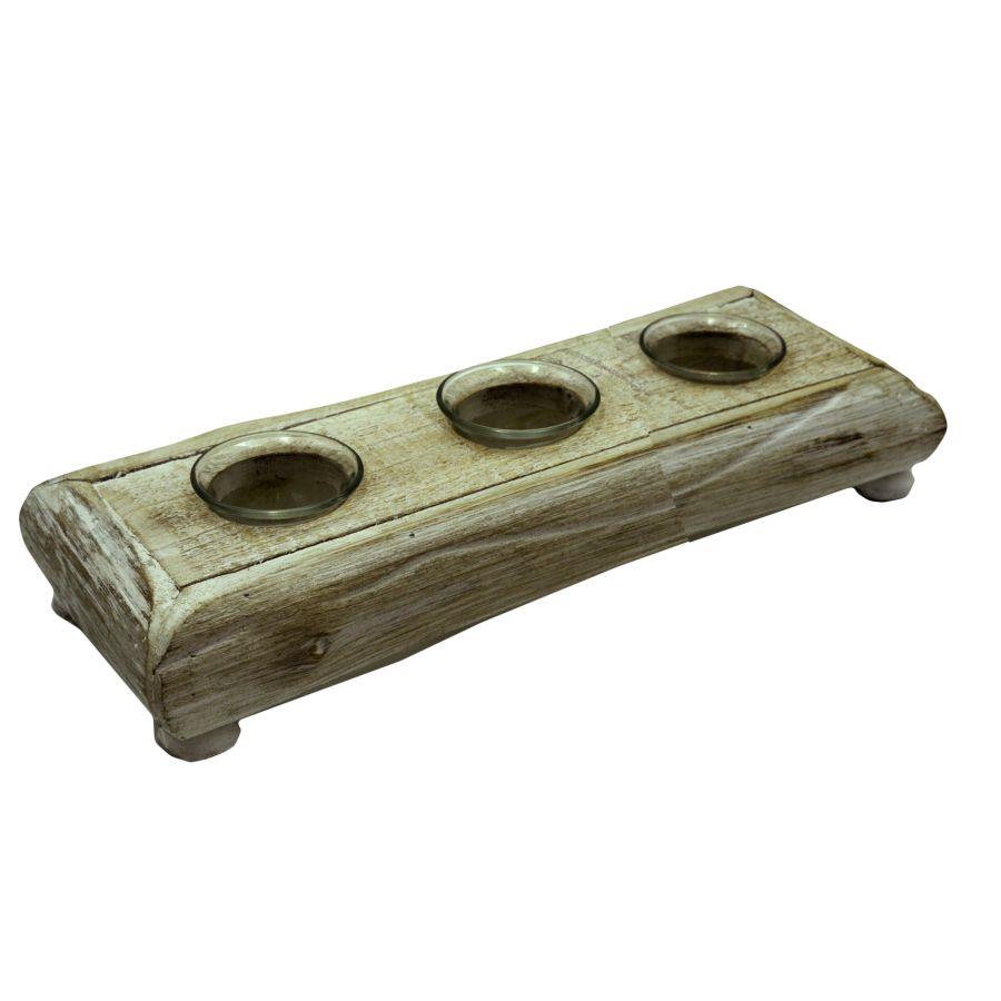 Portacandele legno sbiancato 3p cm 35x12h7