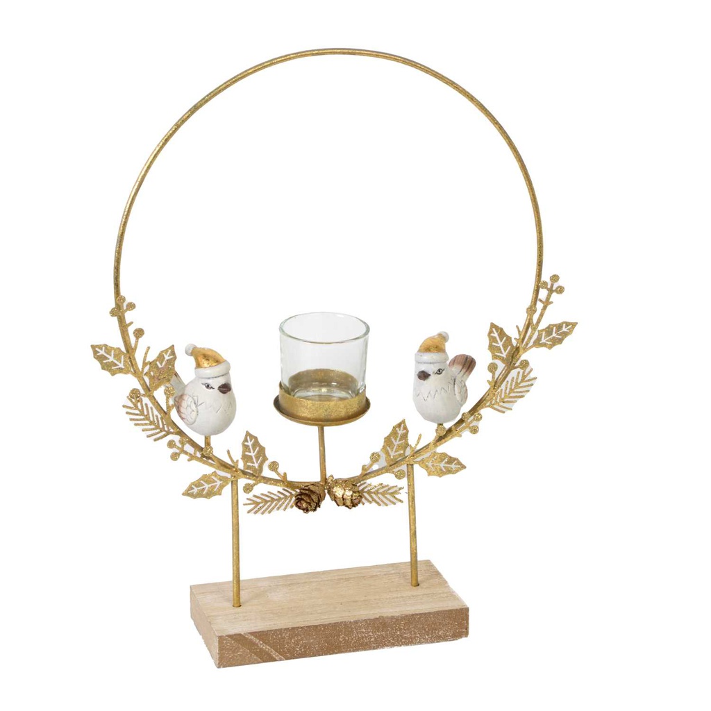Portacandele metallo uccellini oro cm35x8h29