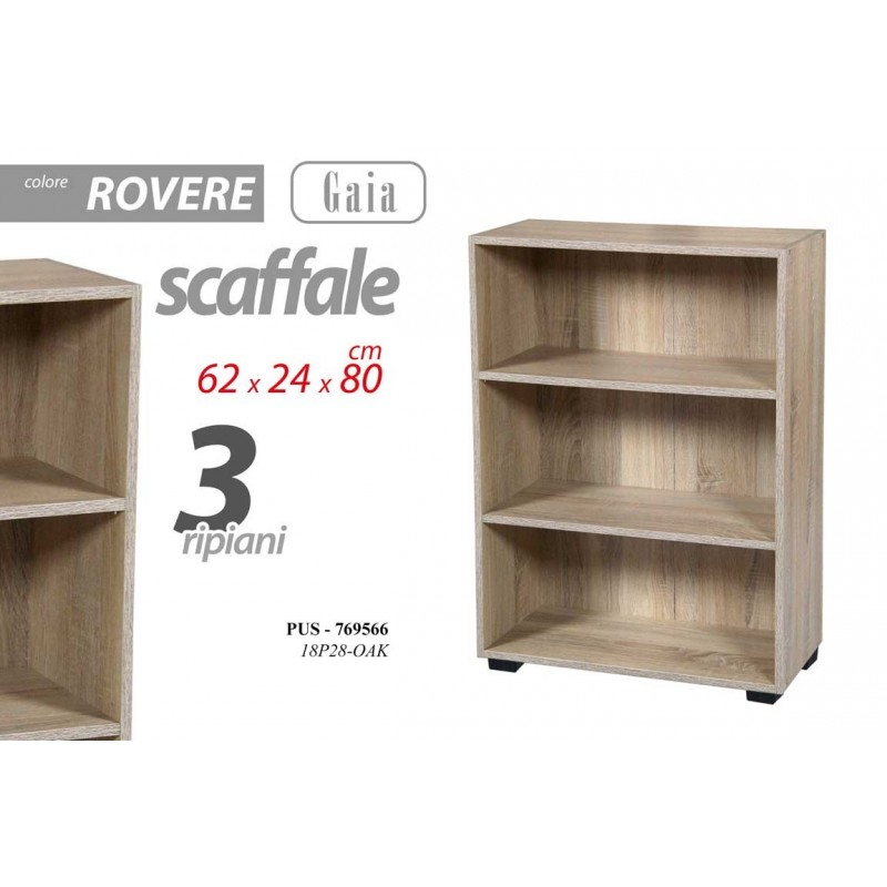 Scaffale rovere 3 ripiani libreria moderna cm 62 x 24 x 80 h
