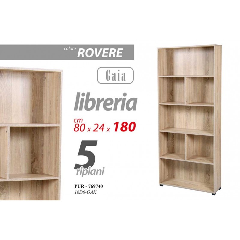 Scaffale rovere 5 ripiani libreria moderna cm 80 x 24 x 180 h