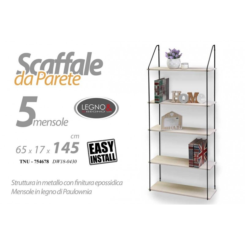 Scaffale slim in legno da parete struttura metallo cm 65 x 17 x 145 h
