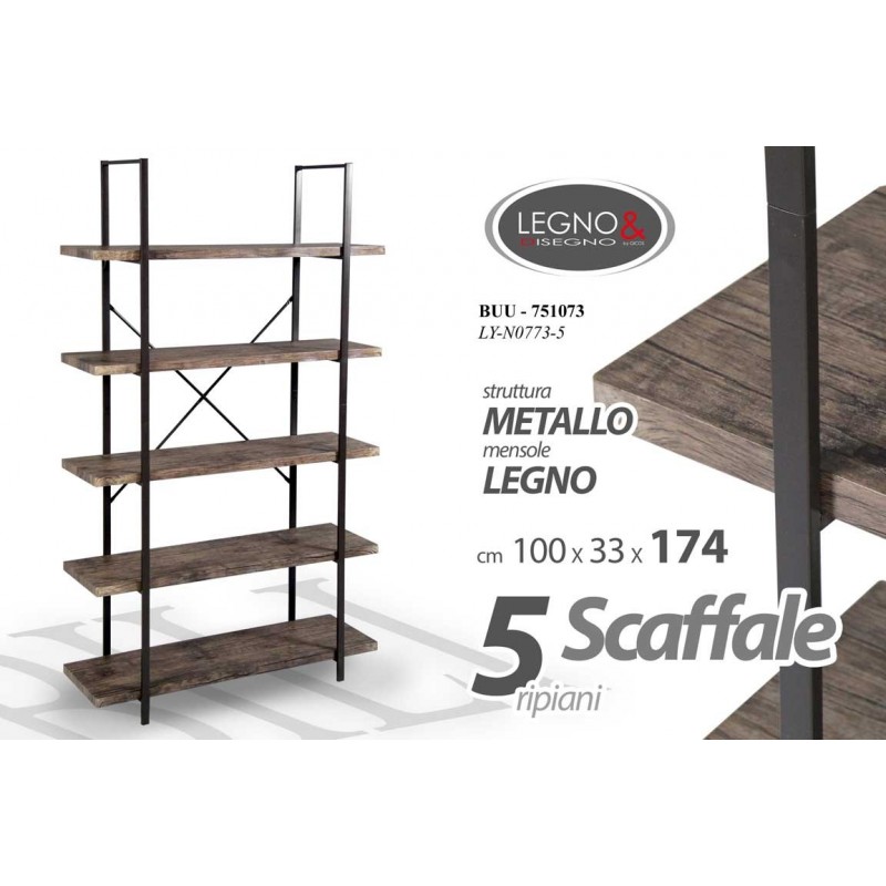 Scaffale stile urban 5 ripiani cm 100 x 33 x 174 h