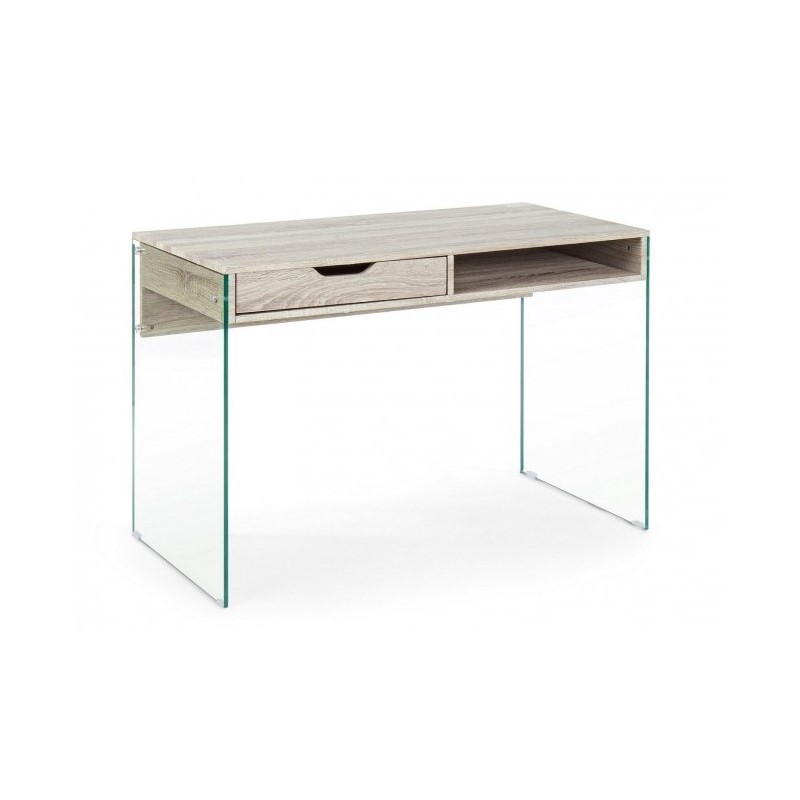 Scrivania di design in legno naturale Armos 1 cassetto e gambe in vetro 110x55x 76h cm