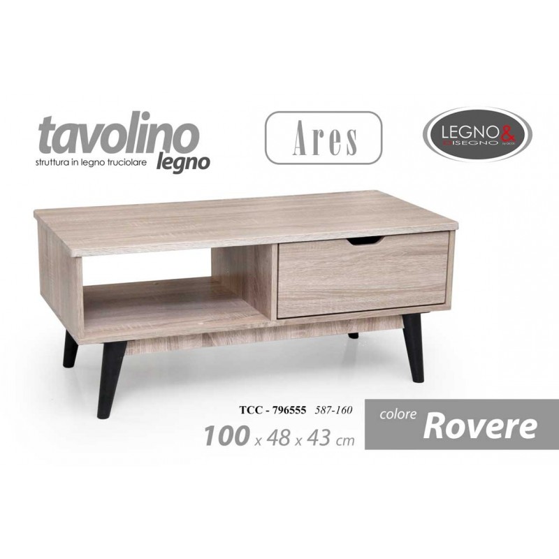 Tavolino basso salotto rovere con ripiano e vano cm 100 x 48 x 43 h