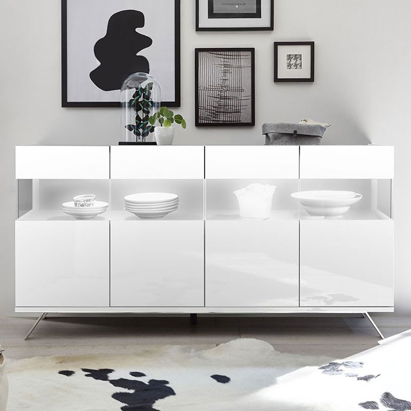 (3c) Madia 4 ante bianco lucido con inserto in vetro 184x50xh.101 cm(KORTEN4BI)