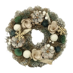 [V6323050000] Coroncina con pigne e fiori bianco verde cm ø30h7,5