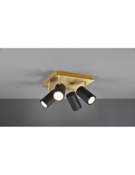 [TRIO802430480] Faretto Marley Piastra Quadrata Oro 4 Spot Cilindrici Neri Orientabili Trio Lighting
