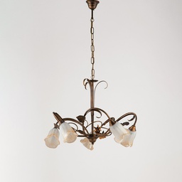 [BL26-5-BR] Lampadario a sospensione in ferro Marrone Oro foglie cinque luci 60x h47 cm