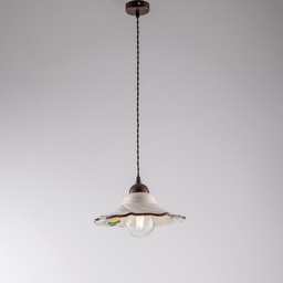 [BL261-S1-RG] Lampadario cavo in tessuto Nero Ruggine una luce paralume in Ceramica Bianco 30x h15 cm