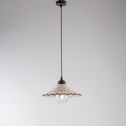 [19980094] Lampadario con cavo in tessuto Nero Ruggine una luce paralume in ceramica Bianco 30x h15 cm