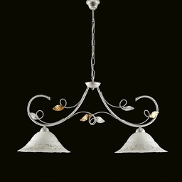 [BL175-2-BO] Lampadario ferro Bianco Oro due luci paralumi in vetro Bianco 94x h49 cm