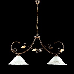 [BL175-2-BR] Lampadario ferro Marrone Oro due luci paralumi vetro Bianco 94x h49 cm