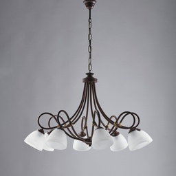 [BL217-8-RG] Lampadario ferro Nero ruggine otto luci paralumi vetro Alabastro bianchi 81x h55 cm
