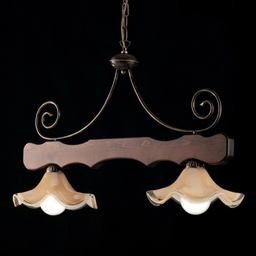 [BL199-2-BR] Lampadario in Legno e ferro Noce Antico due luci paralumi in vetro 88x h50 cm