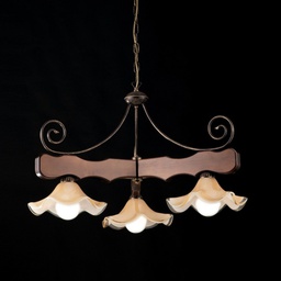 [BL199-3-BR] Lampadario in Legno e ferro Noce Antico tre luci paralumi in vetro 80x h50 cm