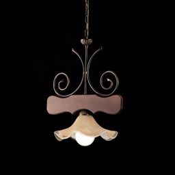 [BL199-1-BR] Lampadario in Legno e ferro Noce Antico una luce paralume in vetro 43x h48 cm