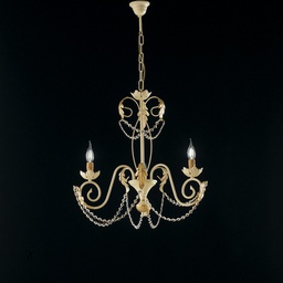 [BL77-3-AV] Lampadario in ferro Avorio Decape Oro strass damasco tre luci 47x h60 cm