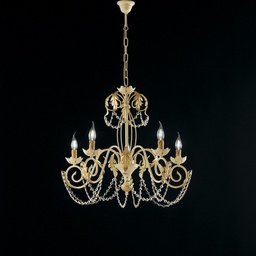 [BL77-5-AV] Lampadario in ferro Avorio Decape e Oro strass damasco cinque luci 63x h65 cm