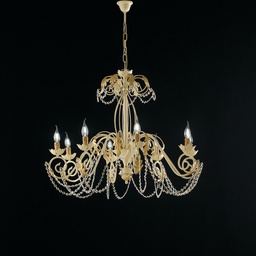 [BL77-8-AV] Lampadario in ferro Avorio Decape e Oro strass damasco otto luci 90x h70 cm